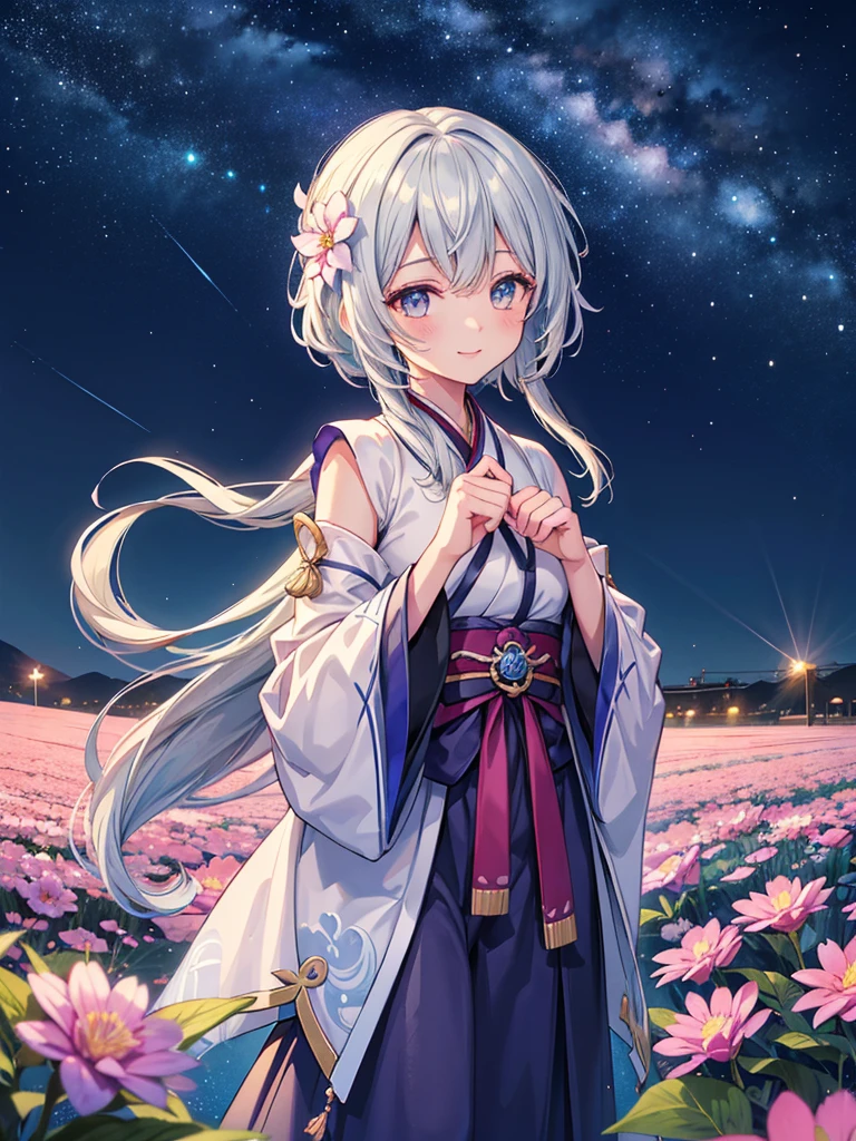 One girl, Kichu City _ ¥ (Genshin _ Impact ¥), LIGHT GREY Hair, short _ and _long _ lock, starry sky _ sky _ printing, independent _Sleeve, Length sleeve _ Past _ Fingers, Hanfu, illustrations are Matsuryu, Agahari, dsmile, a beautiful flower field of soft and shining blue and white glaze, a beautiful flower field, night view, gentle Smile, moonlight, glossy lips, vivid anime coloring, cell shading, smooth, soft and dreamy focus,