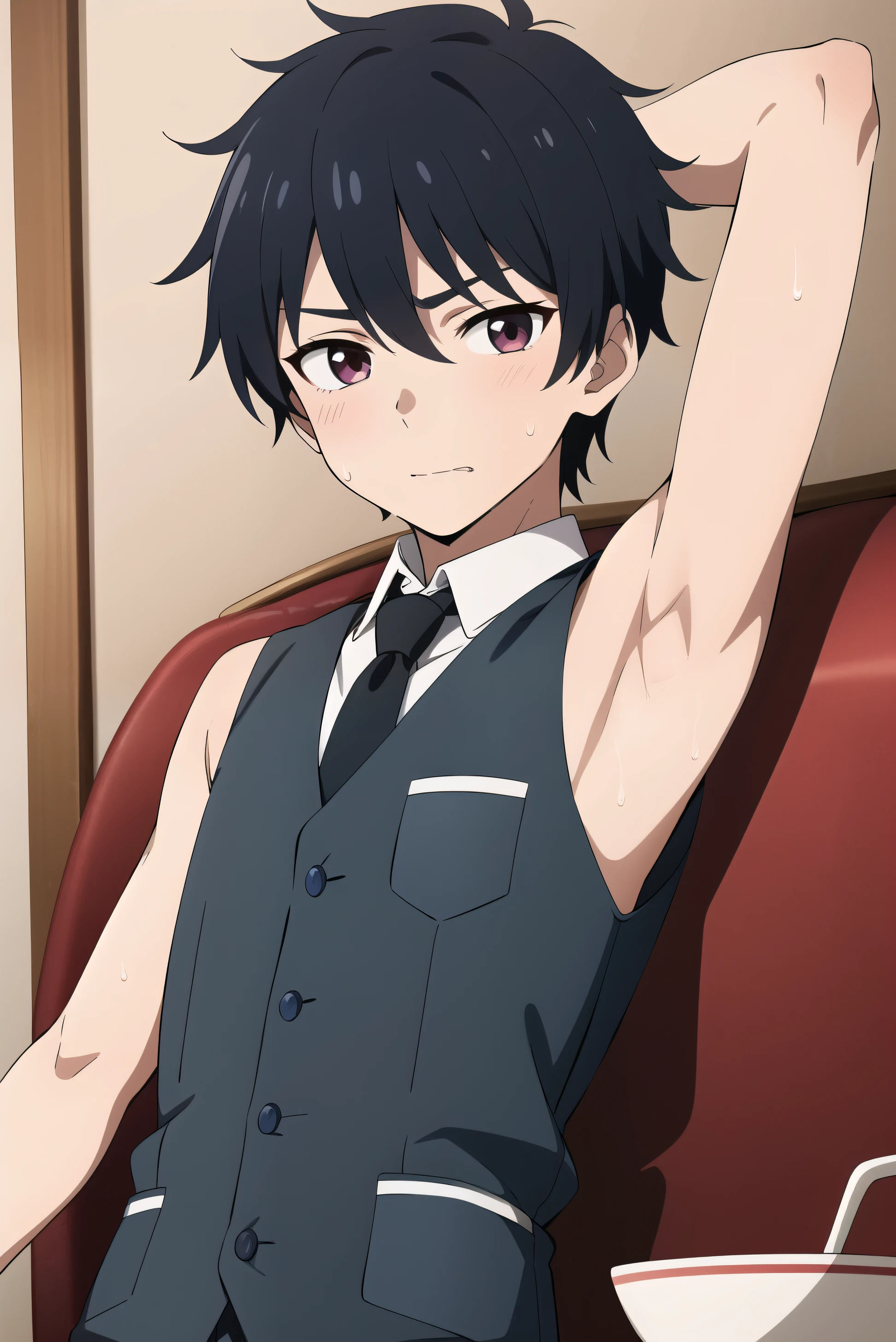 Highres, Masterpiece, Best quality at best,Best Quality,hight quality, hight detailed, Anime style, 1boy, Shota, Tie Sleeveless vest, cafe, Seen from the front, look at viewer, (very young boy), (very small and short body), -yeld bo Such a cute smooth armpit, The boy is very tempting, Cute armpit, sexy armpit, beautiful armpits, seductive armpits, a Boy cutely shows his armpit, hansome boy, Sweat, Uhd, 4k wallpaper