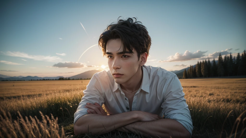 Estilo de fotografia de filme: A handsome young man looking at the camera in a meadow at the golden hour with fluffy clouds in the background, retrato,  