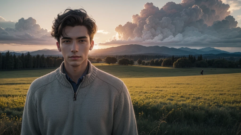Estilo de fotografia de filme: A handsome young man looking at the camera in a meadow at the golden hour with fluffy clouds in the background, retrato,