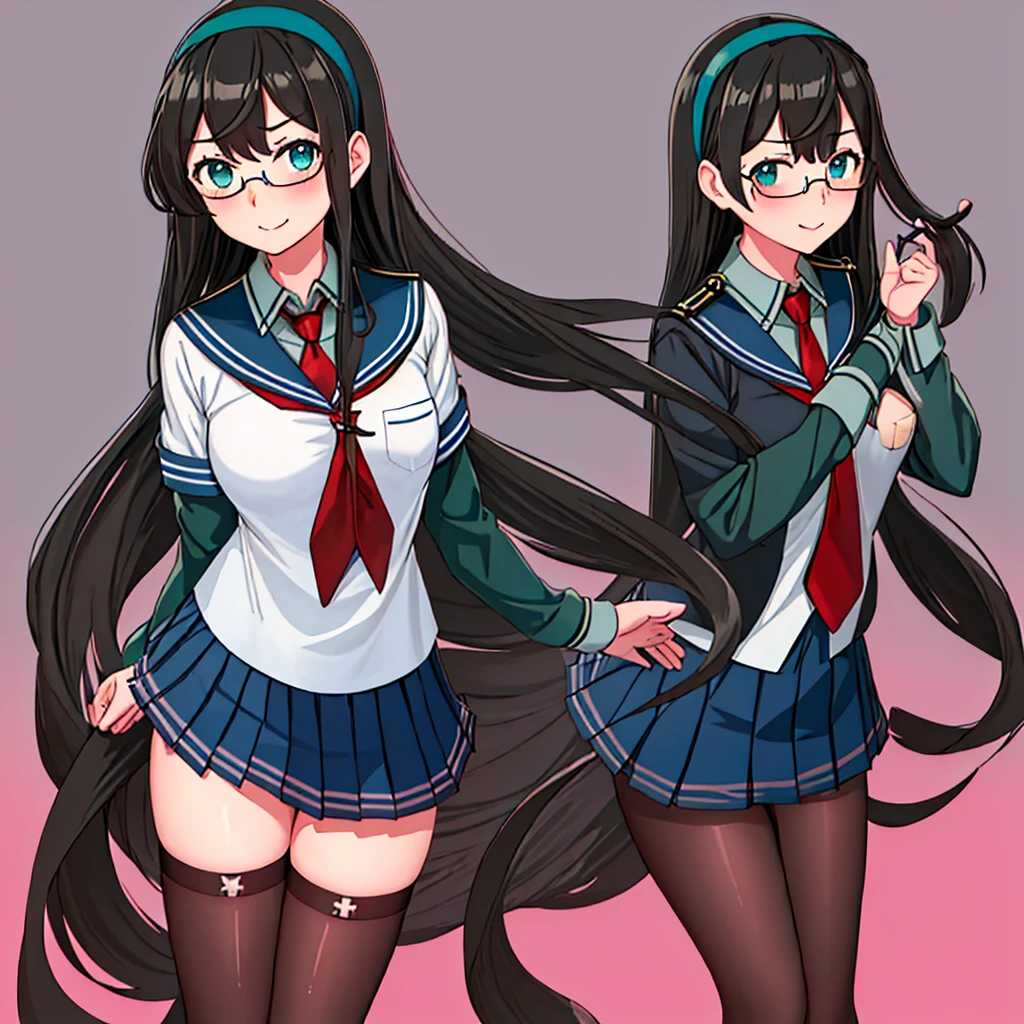 best quality, masterpiece, highres, solo, {ooyodo_kantaicollection:1.15}, black_hair, long_hair, glasses, hairband, semi-rimless_eyewear, under-rim_eyewear, blue_eyes, green_eyes, blush,small_breasts, 1girl, school_uniform, serafuku, pleats_skirt, looking_at_viewer, necktie, harbor_school_background, red_necktie,angry,smile,Proudly,thigh-highs,dynamic_posing,focus_face