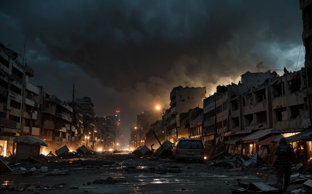 A city destroyed by an apocalyptic attack ( que no ahiga personas ) . En un noche oscura 