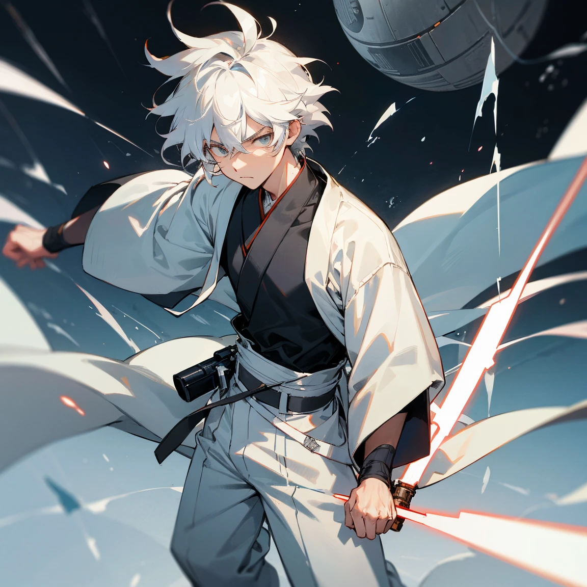 1male , Jedi Outfit , Star Wars , Black Yukata , White Belt , White Baggy Pants , Serious Expression , Muscular , Messy Hair , White Hair , Perfect Generation , Masterpiece Quality,