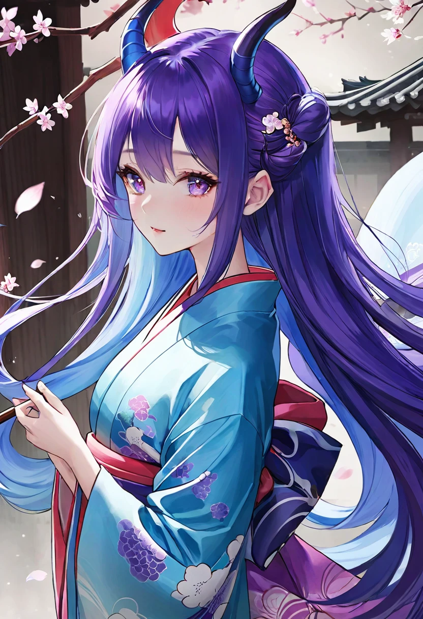 (( Theme: Demon Realm))))、woman、Beauty、Alluring、high resolution、High quality Blue and purple hair Long hair、 With a long, narrow face、Fair skin、Gorgeous kimono