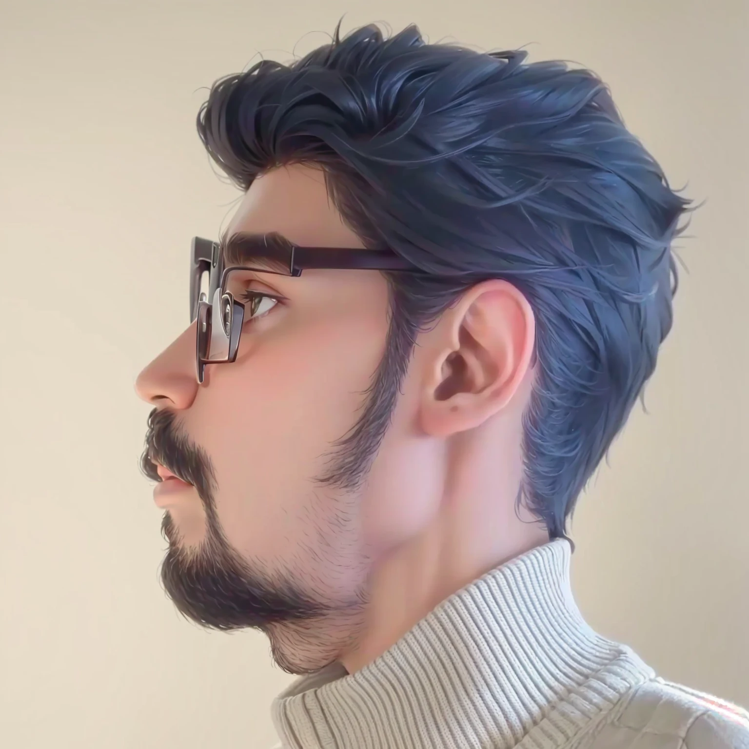 wired man with glasses and a sweater looking up, sem barba, sem barba and mustache, com uma pequena barba, inspirado por Bikash Bhattacharjee, Pose de perfil, professional Foto do perfil, side retrato de perfil, barba enrolada, Foto do perfil, angle retrato de perfil, costeletas de carneiro, com rosto preciso, retrato centralizado no perfil lateral, retrato de perfil, perspectiva do perfil