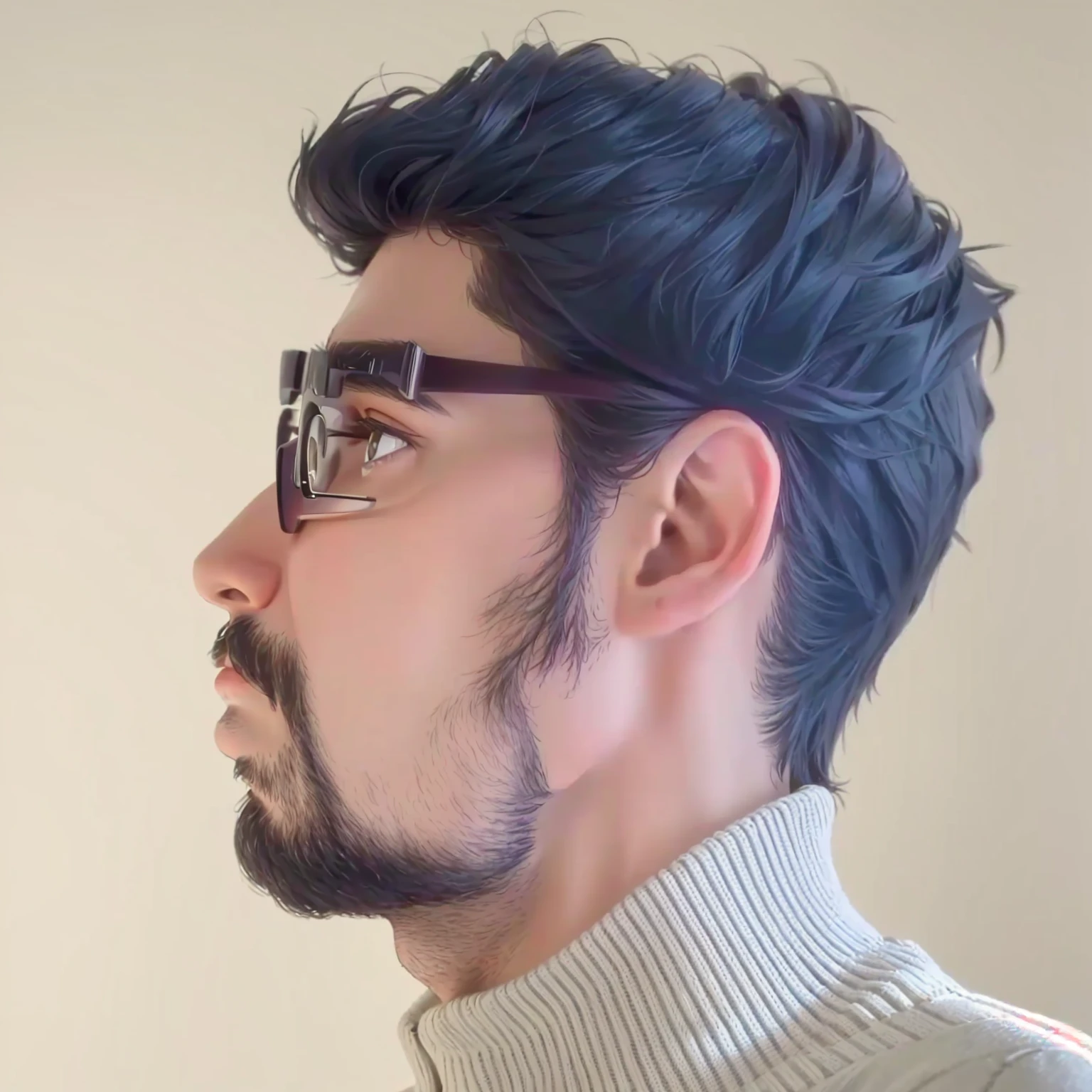 wired man with glasses and a sweater looking up, sem barba, sem barba and mustache, com uma pequena barba, inspirado por Bikash Bhattacharjee, Pose de perfil, professional Foto do perfil, side retrato de perfil, barba enrolada, Foto do perfil, angle retrato de perfil, costeletas de carneiro, com rosto preciso, retrato centralizado no perfil lateral, retrato de perfil, perspectiva do perfil