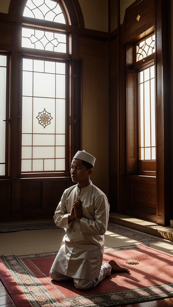 A young Indonesian Muslim stands solemnly performing prayers in a traditional Indonesian mosque. The afternoon sunlight came in through the window, shining on the prayer mats spread on the floor. In the background, the architectural ornamentation of a classic mosque is visible, and the serene space creates a peaceful and spiritual atmosphere during this moment of worship