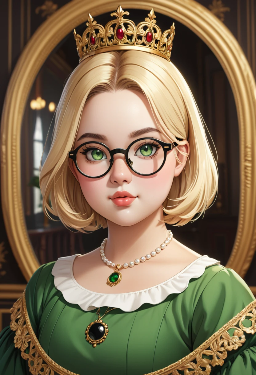 chubby girl, Blonde with green eyes, medium length hair, open forehead, round facial features, glasses with black square frames 
Пышное платье, Royal style