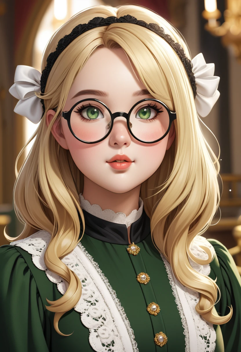 chubby girl, Blonde with green eyes, medium length hair, open forehead, round facial features, glasses with black square frames
Пышное платье, Royal style