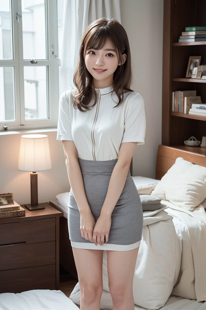 (Highest quality、masterpiece:1.9)、((Neat and clean female college student、1 person))、Soft lighting by a professional photographer、Natural light、((Very spacious white luxurious room:1.6))、((Bright white room:1.6))、(Sitting on a very luxurious white bed:1.2)、(White Bookcase:1.1)、Natural soft light、((Brown Hair:1.1))、Fair skin、Detailed Eyes、double eyelid、Slightly puffy cheeks、((Small Face:1.0))、((Grey knit dress、Please wear it with the chest open.:1.1))、Live-action image quality、(No bangs:1.8)、F cup big breasts、Grey mini skirt、Please wear it with the chest open.:1.2、(smile)、((Girly pose 1.8))、High resolution,、((No bangsのロングヘア:1.2))、((Full Body Shot:1.2))、Live-action image quality、((Height: 150cm))、Hands in front、Hide your hands between your legs、