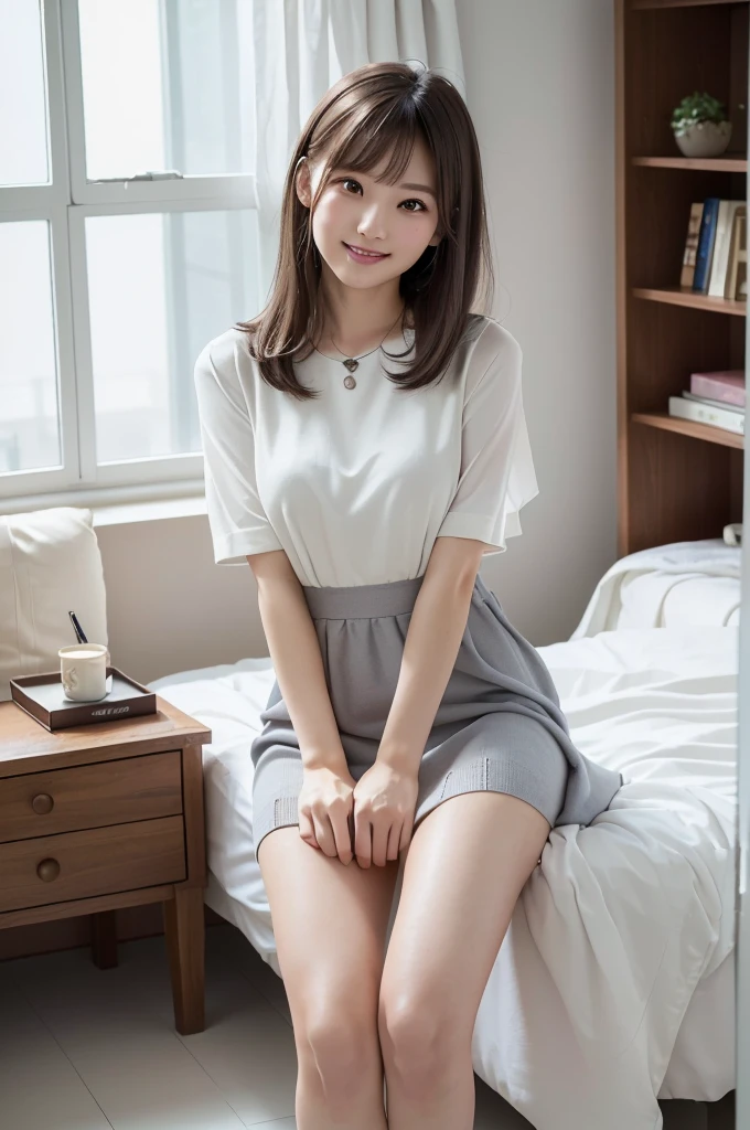 (Highest quality、masterpiece:1.9)、((Neat and clean female college student、1 person))、Soft lighting by a professional photographer、Natural light、((Very spacious white luxurious room:1.6))、((Bright white room:1.6))、(Sitting on a very luxurious white bed:1.2)、(White Bookcase:1.1)、Natural soft light、((Brown Hair:1.1))、Fair skin、Detailed Eyes、double eyelid、Slightly puffy cheeks、((Small Face:1.0))、((Grey knit dress、Please wear it with the chest open.:1.1))、Live-action image quality、(No bangs:1.8)、F cup big breasts、Grey mini skirt、Please wear it with the chest open.:1.2、(smile)、((Girly pose 1.8))、High resolution,、((No bangsのロングヘア:1.2))、((Full Body Shot:1.2))、Live-action image quality、((Height: 150cm))、Hands in front、Hide your hands between your legs、
