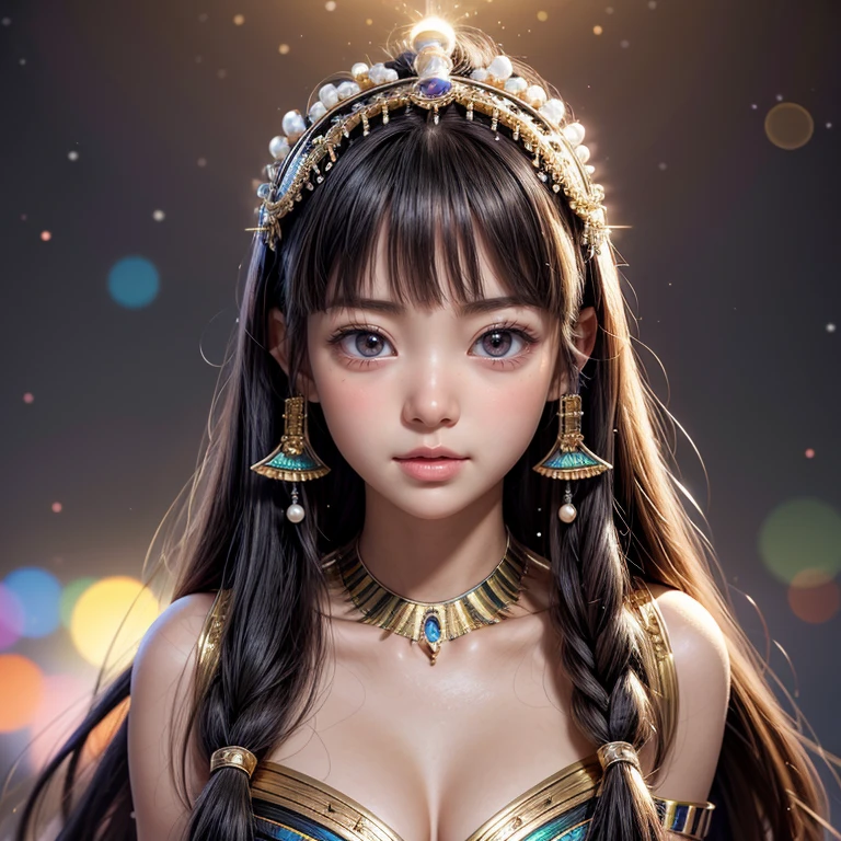 NSFW, 8k, High-level, absurd, masterpiece, best quality, primitive, very detailed CG, very detailed wallpaper, perfect lighting, Extremely detailed ((( personifying " Cleopatra " as a Little Girl))), MysticSight, Tyndall effect, Tyndall scattering, (Studio gray background with (Overflowing oodles Dazzling RainbowColorParticles (BokeH))), (RoundlyButts, ThighGap), (Exposed:0.4), (Assfocus with looking ahead) BREAK  (Acutance:0.88), (NOGIZAKA face variations) Extremely Detailed very KAWAII face variations, perfect anatomy, Childish, CaptivatingGaze ElaboratePupils detailed Eyes with (sparkling highlights:1.28), (Voluminous LongEyelashes:0.88)、GlossyRED Lips with beautiful details, RosyCheeks, Radiant PearlSkin with Transparency . { (Dynamic LifeLike expressions:1.4) | (:d) }, (large eyes:-1) .