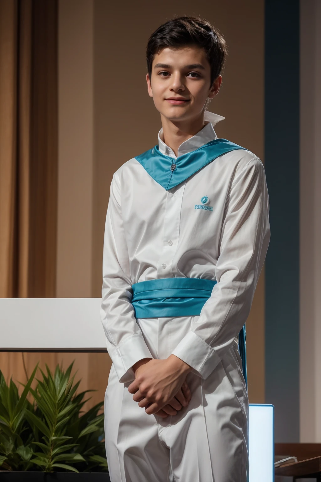 A cute, beautiful, black-haired male twink guy wearing a fancy white long-sleeved shirt and aqua blue pants. He is in his graduation speech, speaking while looking proud.