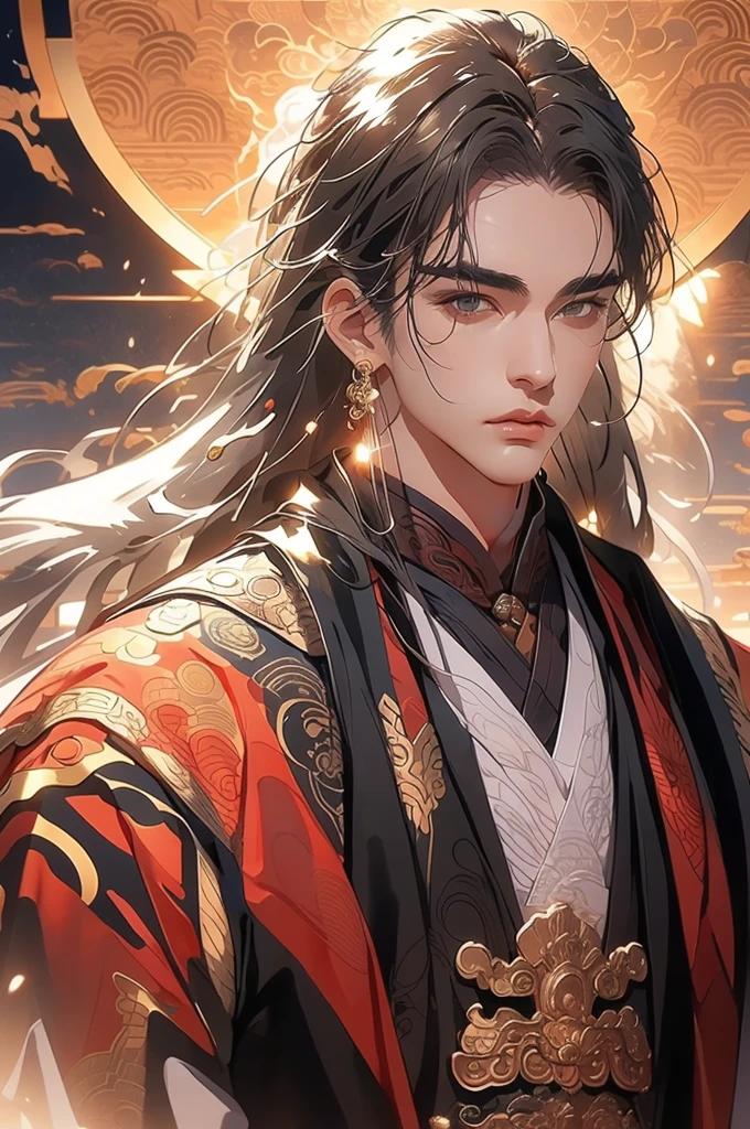 dragons, a man in a white robe, young and handsome man, ponytail, waist-length hair, ancient Chinese clothing, qi, a huge saber, ancient Chinese buildings in the background, night, powerful character, purple rays, a beautiful landscape. Detailed face, thick eyebrows, black eyes, 8k, robe embroidered with gold edges, detailed clothing, xianxia, ​​world of cultivation. ((upper body))