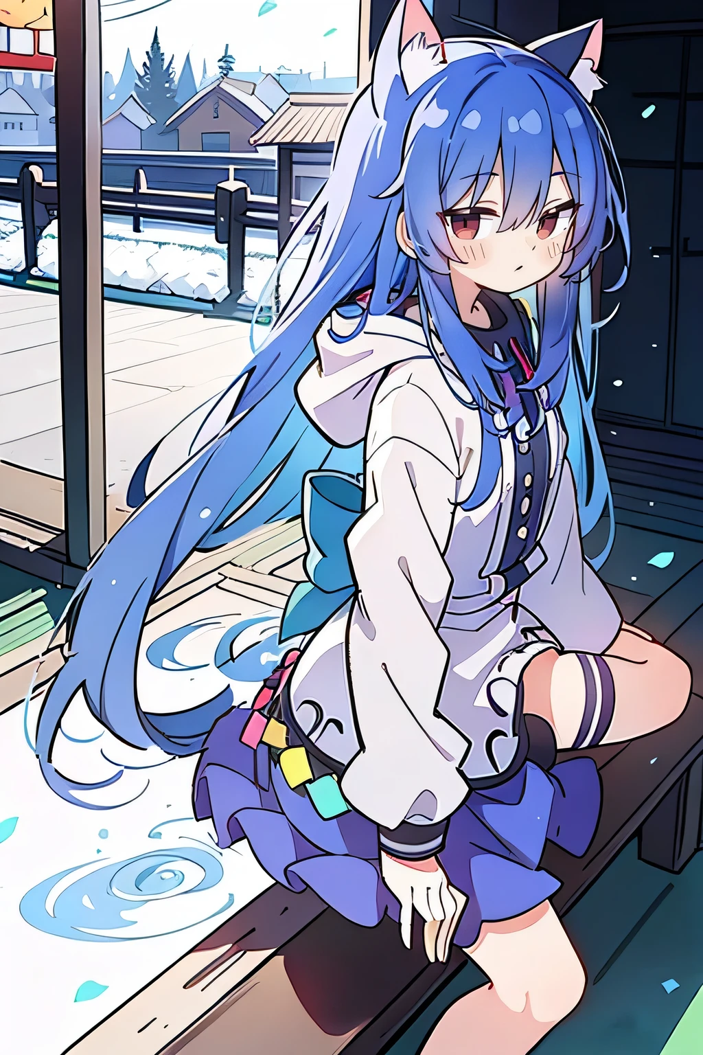 (masterpiece:1.2),Super detailed,lifelike,Expressive eyes,fair skin,perfect face shape,1 girl,
Japanese comics,Gorgeous blue hair,flowing blue hair,flowing clothes,Cat ears,Petals fall,beautiful lola,Baby Angel,
Shaking head with one hand,Cross your legs,Gentle and peaceful background,The pavilion is cool and comfortable,smile, wearing hoodie, background of tokyo,back views,snowing, winter.