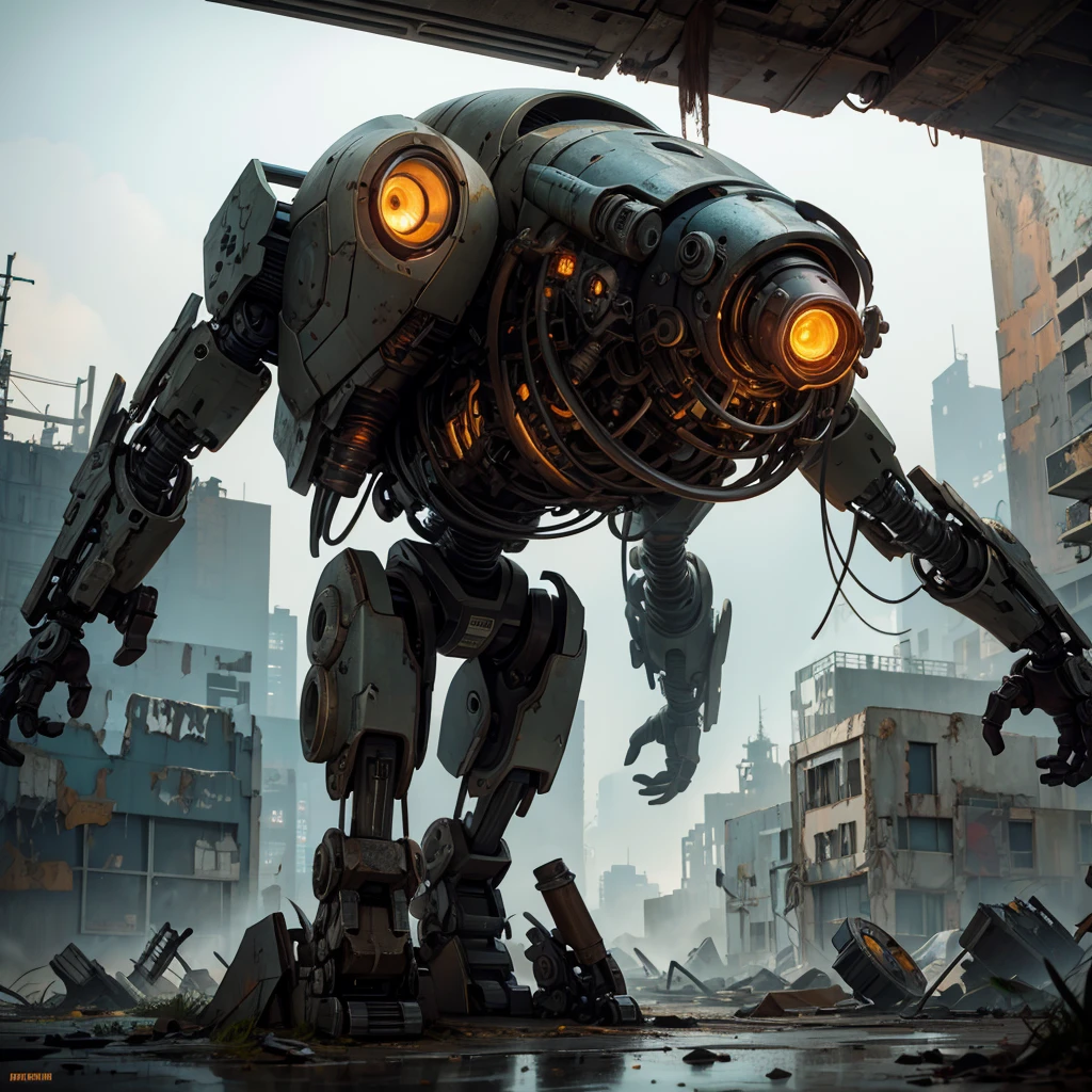 a scavenging robot in the ruins of an alien city, rodent-like with many tool appendages, highly detailed, 4k, photorealistic, intricate machinery, glowing neon lights, atmospheric lighting, dystopian sci-fi, moody color palette, dramatic shadows, rusted metal textures, scrap piles, abandoned buildings, crumbling architecture, complex gears and mechanisms, cinematic camera angle, dynamic pose, advanced robotics, futuristic technology, industrial decay, decaying infrastructure