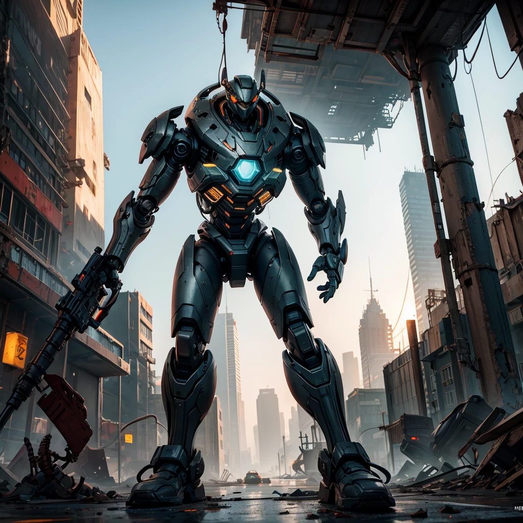 a scavenging robot in the ruins of an alien city, rodent-like with many tool appendages, highly detailed, 4k, photorealistic, intricate machinery, glowing neon lights, atmospheric lighting, dystopian sci-fi, moody color palette, dramatic shadows, rusted metal textures, scrap piles, abandoned buildings, crumbling architecture, complex gears and mechanisms, cinematic camera angle, dynamic pose, advanced robotics, futuristic technology, industrial decay, decaying infrastructure