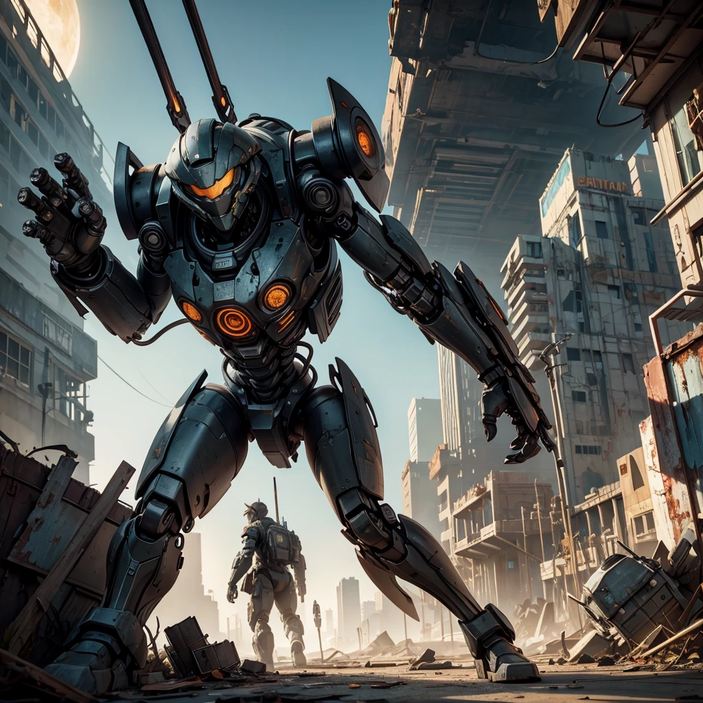 a scavenging robot in the ruins of an alien city, rodent-like with many tool appendages, highly detailed, 4k, photorealistic, intricate machinery, glowing neon lights, atmospheric lighting, dystopian sci-fi, moody color palette, dramatic shadows, rusted metal textures, scrap piles, abandoned buildings, crumbling architecture, complex gears and mechanisms, cinematic camera angle, dynamic pose, advanced robotics, futuristic technology, industrial decay, decaying infrastructure