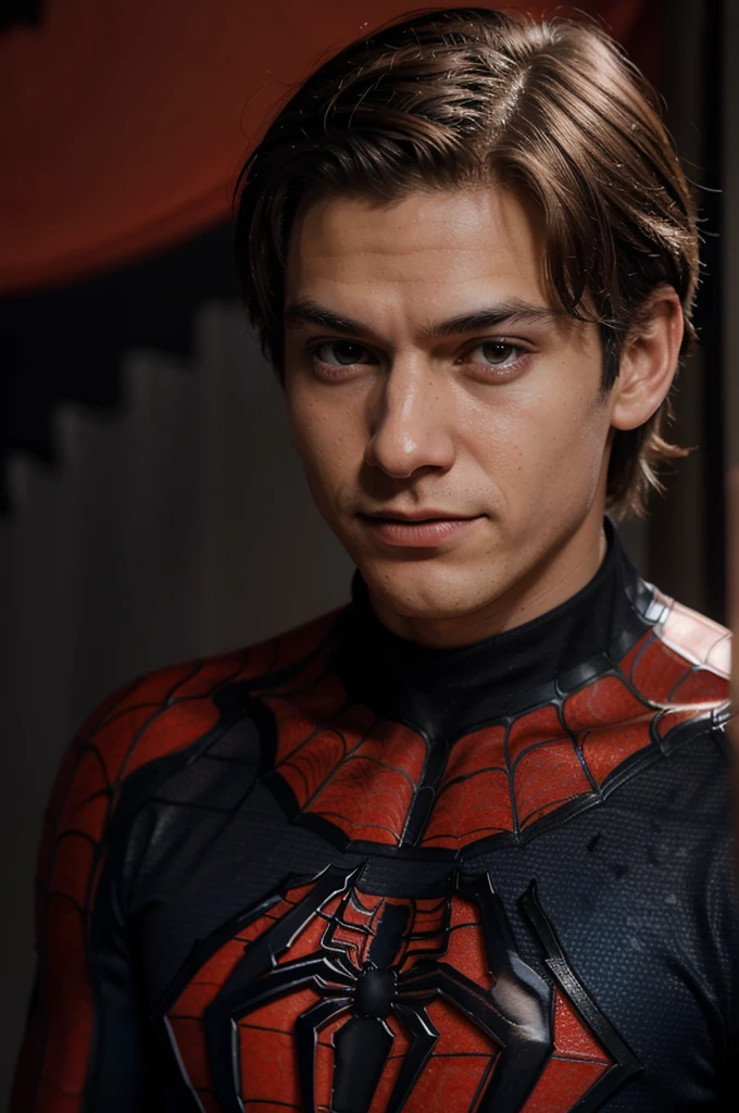 A photograph of spider man, no mask, 20 yo, Funny, detailed face, looking at camera, portrait, 8k uhd, high quality