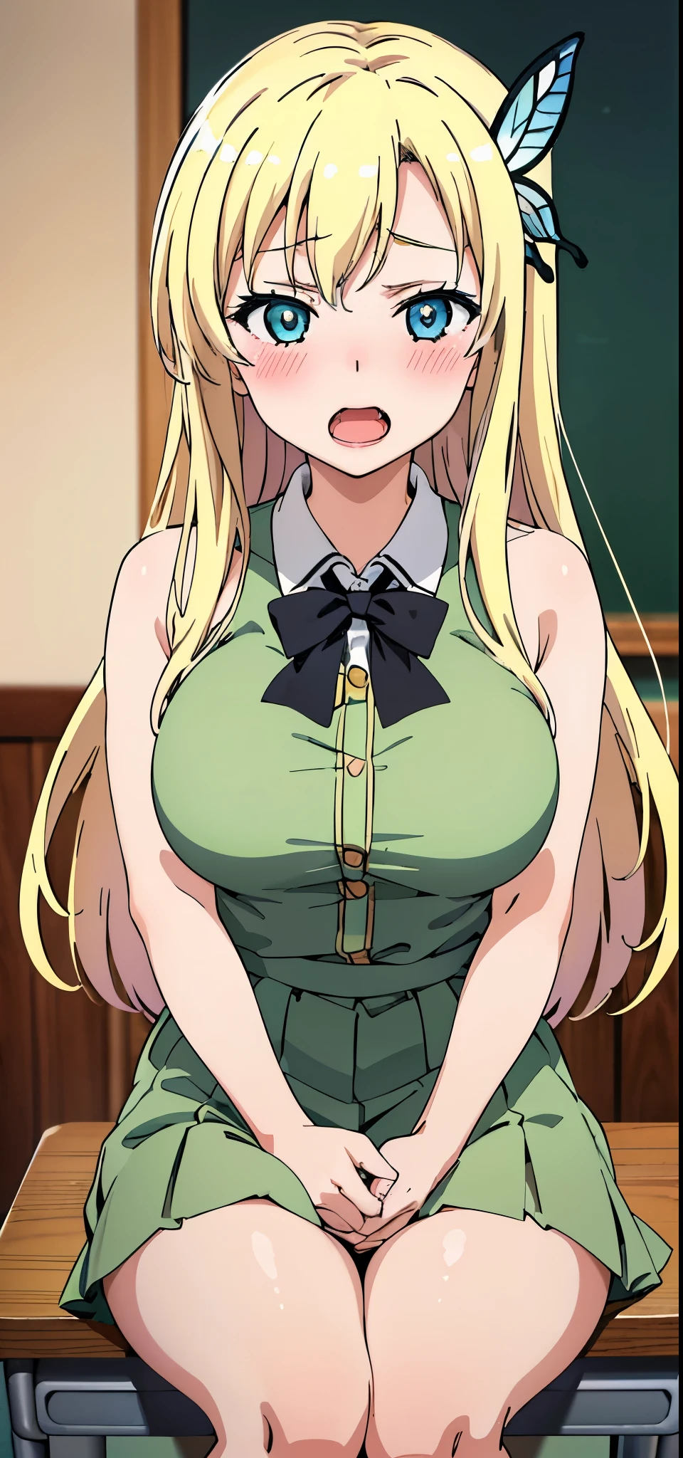 (best quality:1.1), (masterpiece:1.4), (absurdres:1.0), portrait,
1girl, kashiwazaki sena, butterfly_hair_ornament, blonde_hair, long hair, , large breasts, looking at viewer, classroom, open_mouth, (blush:1.2), happy,
