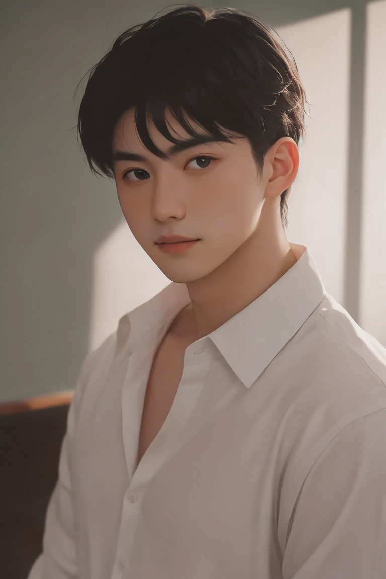 Handsome man portrait, Shoot with Leica, shadow play, Gorgeous lighting, Subtle pastel tones, meeting room,Wearing a white shirt,Looking at the camera,deep feeling