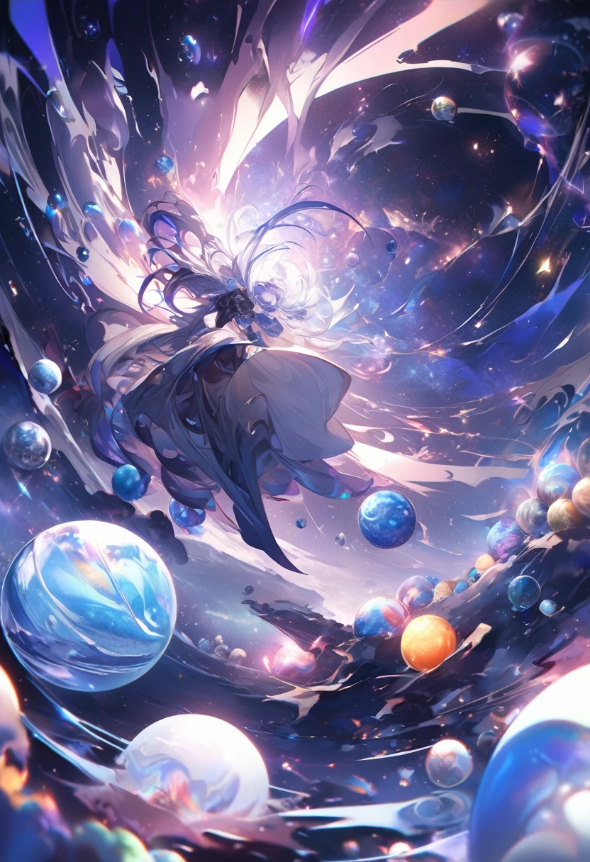 Fantasy digital art、A giant blue marble hurtling through cymatic space、Beautiful luster and texture of marbles、The beauty of space reflected in marbles、Dynamic marble explosions、Cyber-feel of Cymatic Space、(high resolution、High-precision images、4k，8k、:1.2)ultra detail