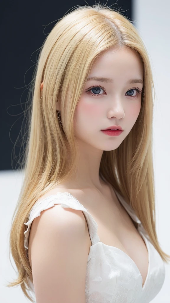 (((forehead、Blonde、Northern Europe、White people、beautiful girl、Blonde、White background、Party Dresses)))、table top, highest quality, figure, super detailed, finely, High resolution, 8k wallpaper, Perfect dynamic composition, detailed and beautiful eyes, Deco out,blonde, medium hair, super big breasts, natural color lip,white background, random cute poses,frill dress