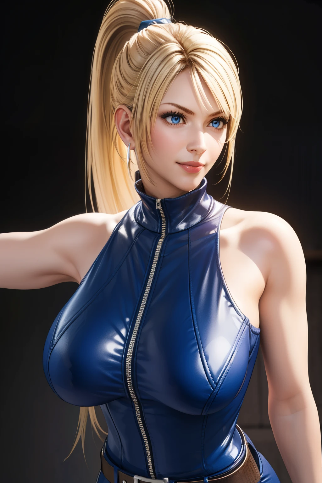 Sarah, blue eyes, long hair, cowboy shot, blonde hair, high ponytail, bodysuit, Shoulders exposed, (arms exposed:1.2), (tight blue bodysuit:1.1), belt ,sleeveless, zipper, boots, high heels, earrings, fingerless gloves, BREAK masterpiece, 1 girl, RAW photo, (best quality:1.2), extremely delicate beautiful, very detailed, 2k wallpaper, amazing, fine details, extremely detailed CG Unity 8k wallpaper, super detailed, high resolution, (beautiful detailed girl:1.2), perfect anatomy, (shiny clothes:1.1), (smile:1.2), (large breasts:0.5), (upper body:1.4), (Realistic, Photorealistic:1.0), (thin nose:1.2), (breast focus:1.3), 20 year old, high nose bridge, (blue clothes:1.2), fighting pose, fighting arena