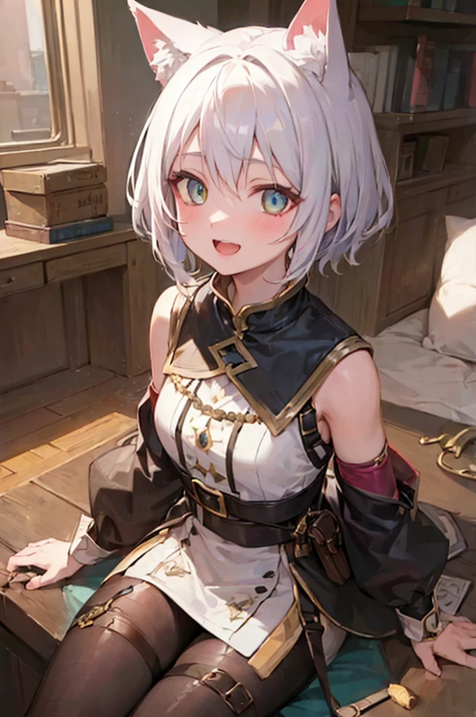 (best quality,ultra-detailed,highres,masterpiece:1.2), happy face, smile face, joy expression, open mouth a little, teeth, canine teeth, bare shoulders, careful with hand,beautiful anime girl with white hair and yellow eyes, young neko girl, very young, childish face, small height, children, (8 year old), cat ears, short hair, d&d, (joy), (happy), (laugh), happy vibrant expression, smile,deep and expressive yellow eyes, porcelain skin,subtle blush on cheeks,attention to eye and lip details, forest ambient, rogue class, leather fantasy outfit, BREAK (masterpiece:1.2), best quality, high resolution, unity 8k wallpaper, (illustration:0.8), (beautiful detailed eyes:1.6), extremely detailed face, perfect lighting, extremely detailed CG, (perfect hands, perfect anatomy),