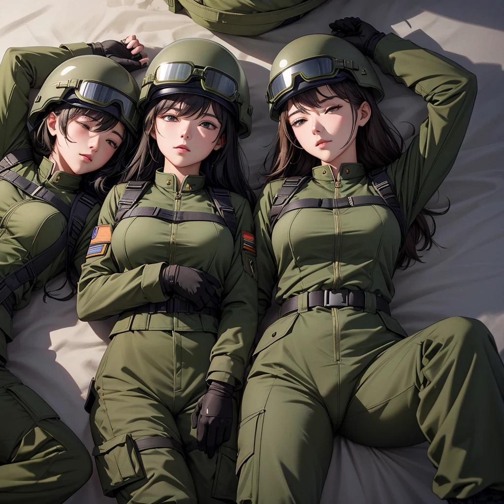 Top view、Three female soldiers in helmets sleeping、 Wearing green M-51 military uniform 、Goggles、Military Pants、See the crotch、Write details、masterpiece、best quality、Highly detailed CG、8K picture quality