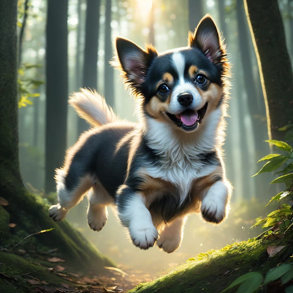 Close-up of a very cute jumping puppy in the forest, soft volumetric light, (backlight: 1.3), (movie: 1.2), intricate details, (ArtStation: 1.3), Rutkowski