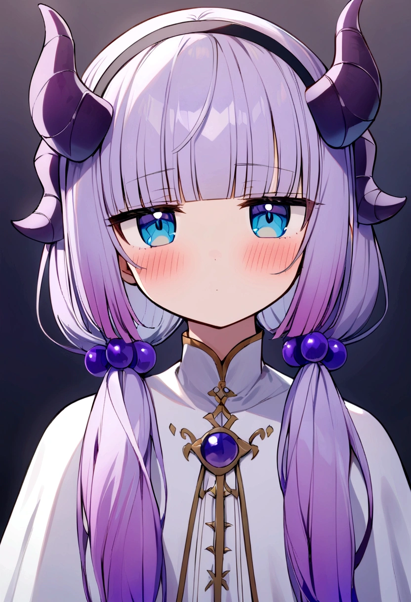 best quality, masterpiece, highres, solo, {kanna_kamui_kobayashisanchinomaidragon:1.15}, long_hair, light_purple_hair, blue_eyes, hair_ornament, bangs, blush, multicolored_hair, twintails, blunt_bangs, hair_beads, beads, hairband, gradient_hair, low_twintails, horns, dragon_horns, purple_hair, 1girl, capelet, dragon_girl, jitome, upper_body, looking_at_viewer, meme, black_hairband