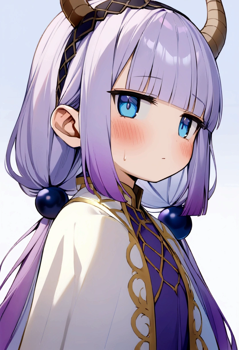 best quality, masterpiece, highres, solo, {kanna_kamui_kobayashisanchinomaidragon:1.15}, long_hair, light_purple_hair, blue_eyes, hair_ornament, bangs, blush, multicolored_hair, twintails, blunt_bangs, hair_beads, beads, hairband, gradient_hair, low_twintails, horns, dragon_horns, purple_hair, 1girl, capelet, dragon_girl, jitome, upper_body, looking_at_viewer, meme, black_hairband