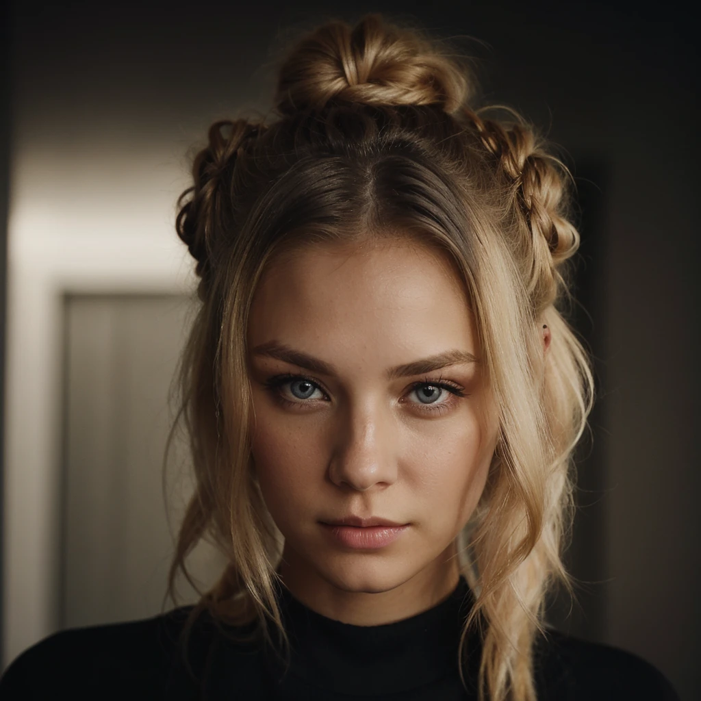 an eye contact of a blond with bun hair and dark theme
