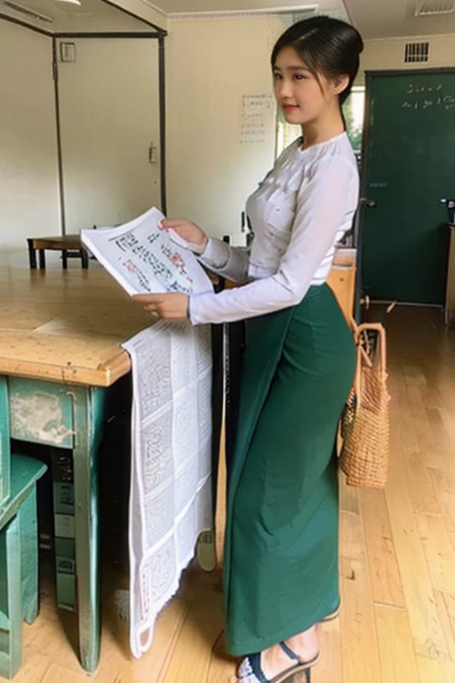 2 school teachers is 30years old.Tall, thin, big hips, big breasts, black hair, small lips, brown eyes, attractive, K.Top=white Burmese blouse,With long sleeves,Buttoned at the side.Bottom=(Dark green) long skirt.
Footwear=female Burmese sandals,The hair is knotted bun.The teacher is holding a sex toy in her hand.  