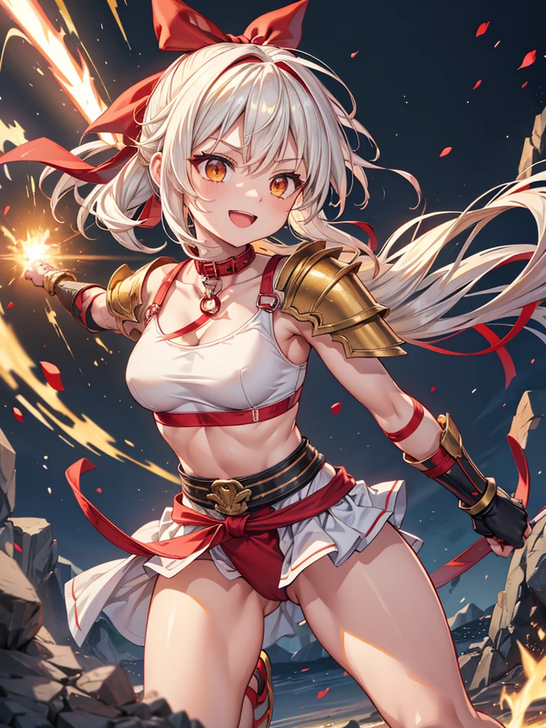 (Red ribbon of hair band: 1.2), boyish female warrior with short, yellow-white turbulent hair, wearing a metal gauntlet, fighting, smiling, exposed clothes, small breasts , Tight muscles, slender body shape that emits electricity from both hands, sports bra armor, armor from waist to knee, supple legs, upper arms on black bracelet, collar with chain