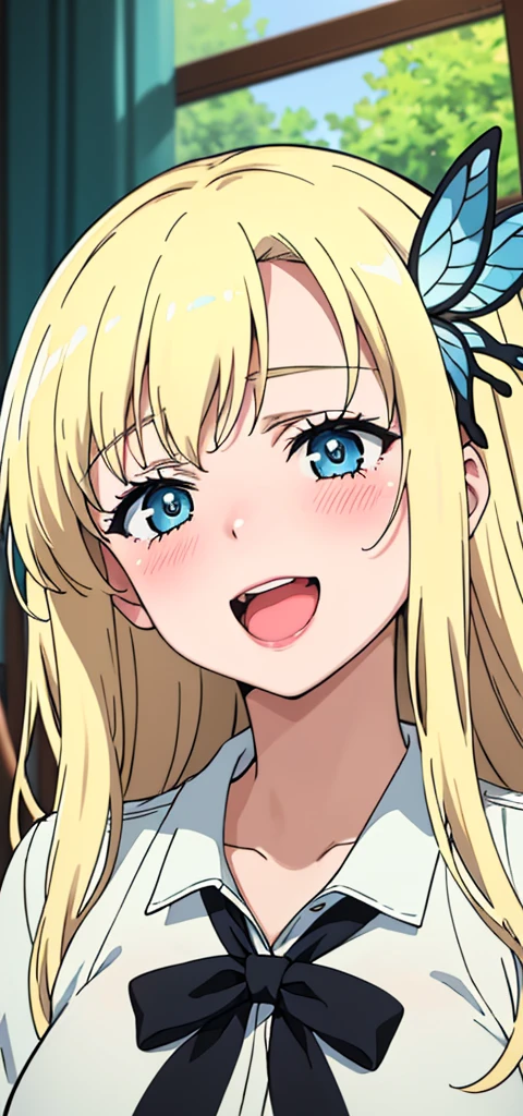 (best quality:1.1), (masterpiece:1.4), (absurdres:1.0), portrait,
1girl, kashiwazaki sena, butterfly_hair_ornament, blonde_hair, long hair, medium breastsclassroom, open_mouth, (blush:1.2), happy, dress
