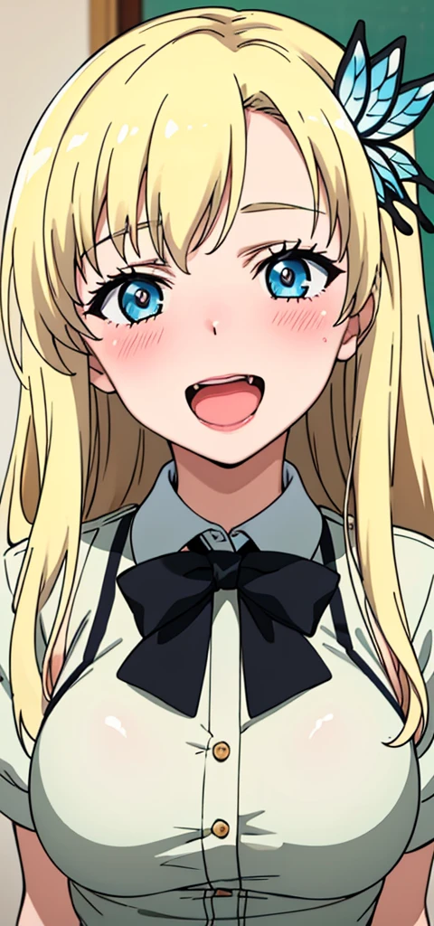 (best quality:1.1), (masterpiece:1.4), (absurdres:1.0), portrait,
1girl, kashiwazaki sena, butterfly_hair_ornament, blonde_hair, long hair, medium breastsclassroom, open_mouth, (blush:1.2), happy, dress
