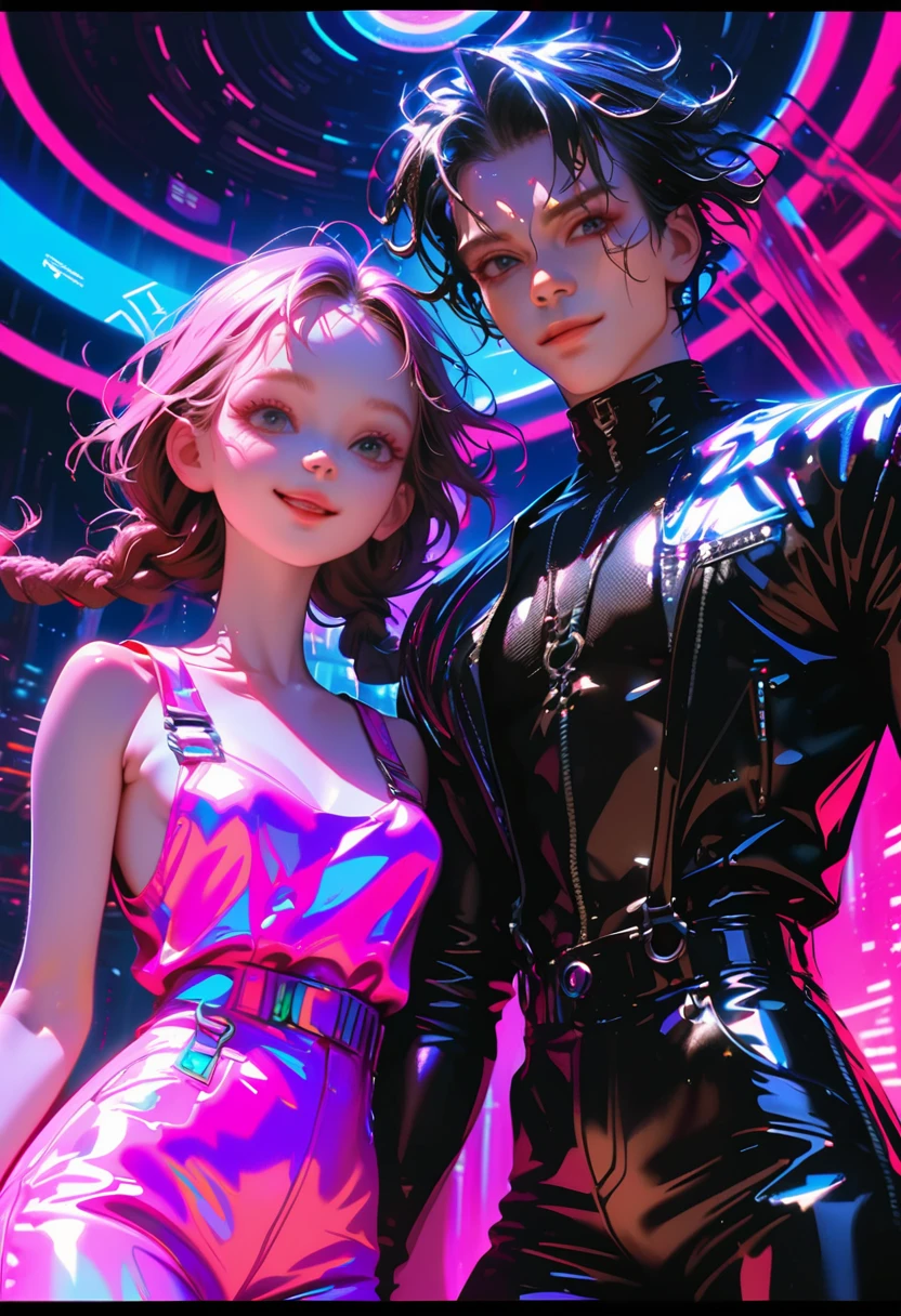 ((Picture in cyber punk style, create two characters), (futuristic , space station, space)))_((In the center of the composition there are two characters, close-up, a boy and a girl - full growth), (a girl in a stylish overalls, a slender figure, dynamic pose), (her clothes look very stylish, futuristic, a lot of details, latex material, textured fabric elements, colors, pink, blue, white), (her image embodies beauty and sympathy, her face radiates happiness, expressive eyes, smile), (her hairstyle, two long braids, hair dyed blue, pink - neon highlights))_((Her partner, a futuristic boy from the future, is dressed in all black, his preference in clothing, dark gothic style, combined with space jumpsuit, sporty stylish), (shoulder-length hair, handsome, black eyes, slender, young, strong body))_((Background, space station, space, technological elements, shine of stars))_((High image quality, stylish picture in cyber punk style, futuristic future, masterpiece), (animation cinematography, stylized realism, Japanese anime, blade runner, apple seed, animatrix), (FULL HD, 18K), Super villain Clothing suits