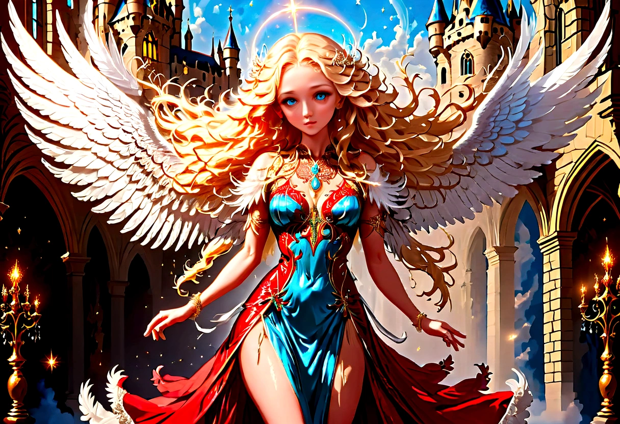 Arafed, a picture of a female angel in high society prom event, divine beautiful female angel, blond hair, long hair, flowing hair, the hair glows in a soft light, cerulean eyes, deep light eyes, divine beautiful face, folded white feather wings, she wears a red evening dress, elegant, intricate detailed dress, silk dress, she wears elegant high heeled boots, exquisite high heeled boots, she stands on the porch of a fantasy castle, dynamic angle, soft torch light, (Masterpiece: 1.5), 16k, highres, best quality, high details, ultra detailed, masterpiece, best quality, (extremely detailed), AngelStyle, GlowingRunesAI_paleblue, Angels Elemental, bj_Devil_angel