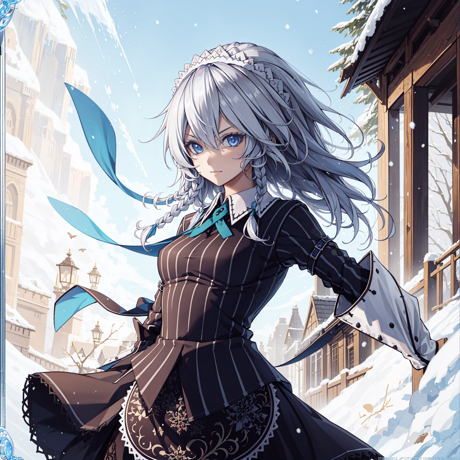 ，sacred， Have fun， gentleness，，(There is winter:1.3)， Blue Eyes，maximalism，，The background is cold earth.，the person only， Beautifully detailed face，(wind and snow affect:1.1)，Enchanted,(1girl:1.2), solo, , Sakuya izayoi, silver hair, maid dress, white apron, very short skirt, sexy pose,, sleeveless outfit, detailed face, detailed eyes, fresh blue eyes, big green ribbons, blue outfit, small-to-medium breasts, white hair, bowtie girl, white maid headband, upper body, close up, (braided hair:1.2), close up, upper body, 
