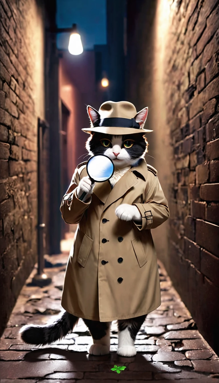 A detective cat wearing a trench coat and fedora, using a magnifying glass to examine tiny footprints in a mysterious alley