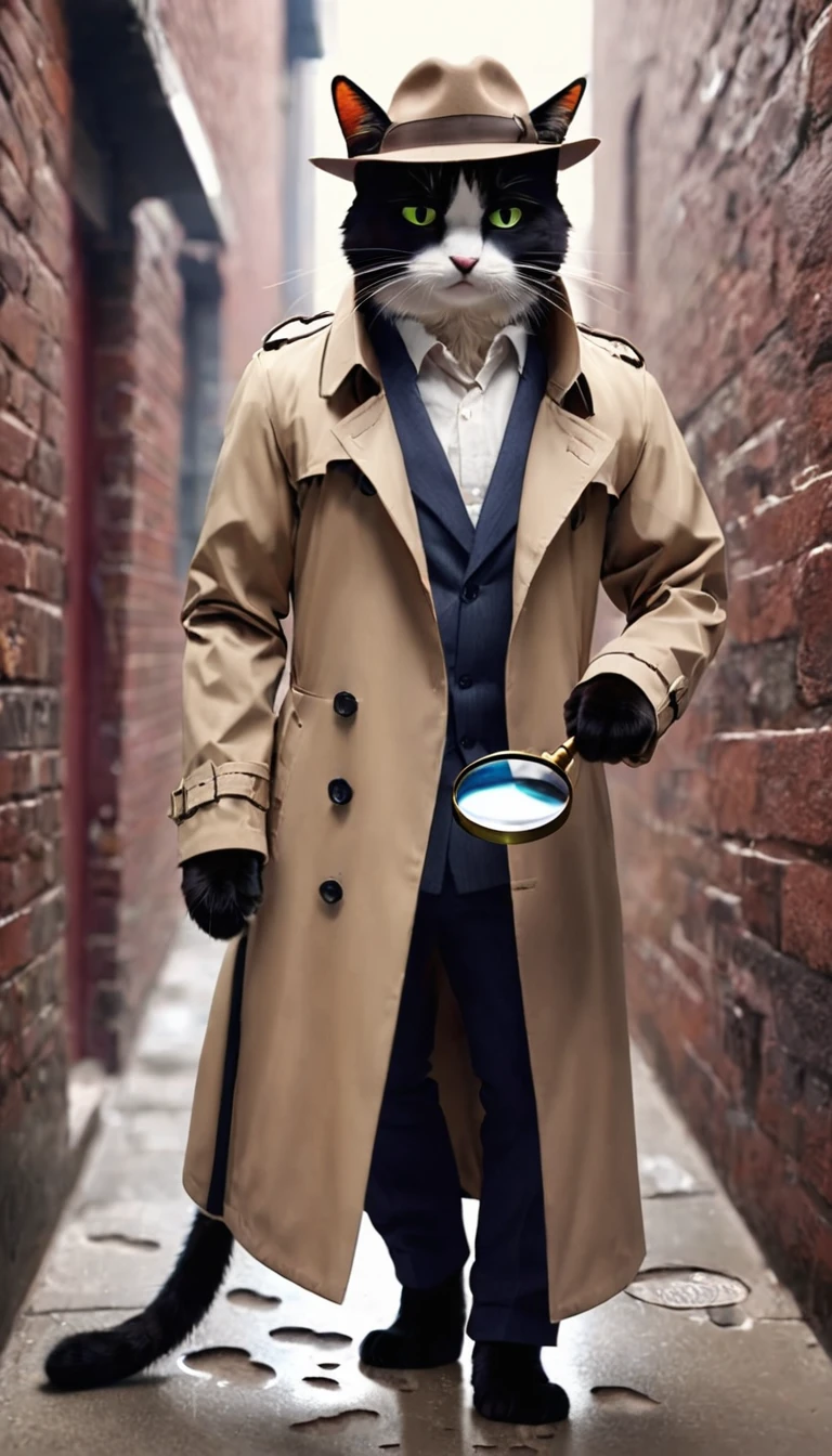 A detective cat wearing a trench coat and fedora, using a magnifying glass to examine tiny footprints in a mysterious alley