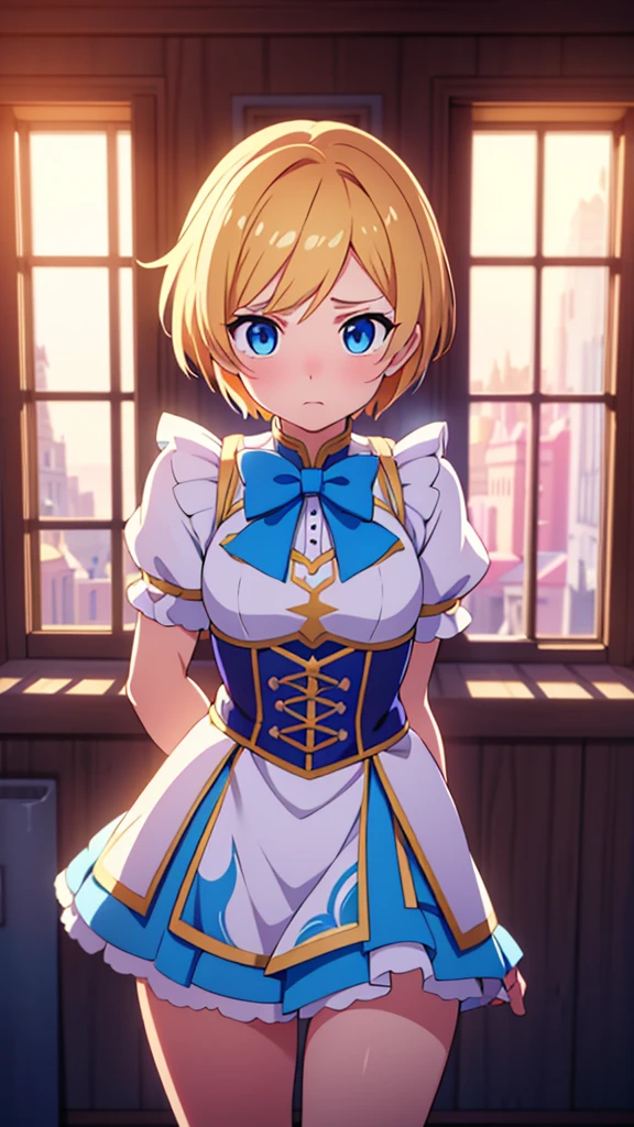 A tomboyish magical girl, short blonde hair, blue eyes, her magical girl outfit has a more masculine look, embarrassed expression looking at the viewer, highly detailed, hyper realistic, 8k, photo-realistic, masterpiece, intricate details, dynamic lighting, cinematic composition, dramatic shadows, vivid colors, fantasy, character portrait