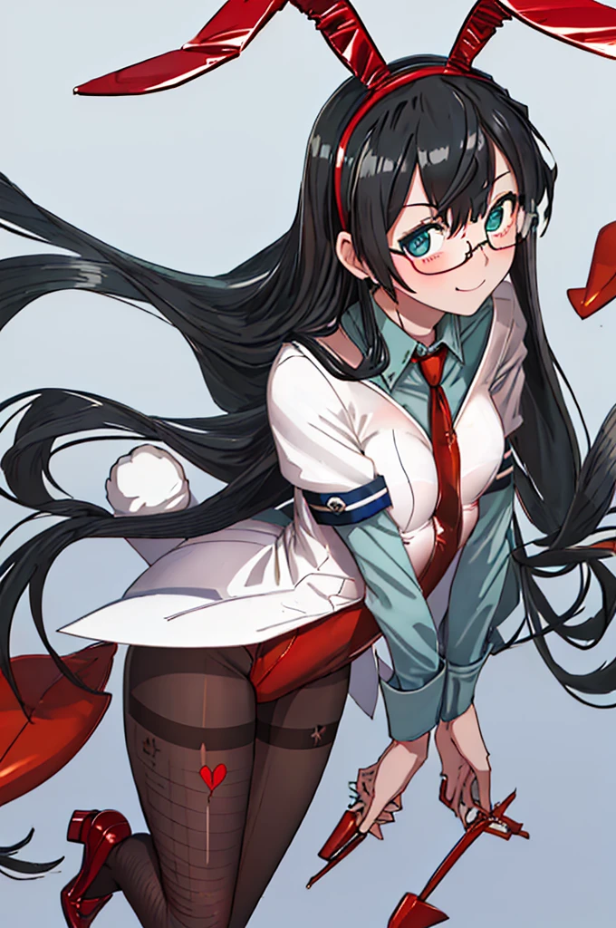 best quality, masterpiece, highres, solo, {ooyodo_kantaicollection:1.15}, black_hair, long_hair, glasses, hairband, semi-rimless_eyewear, under-rim_eyewear, blue_eyes, green_eyes, small_breasts, 1girl, looking_at_viewer, necktie, harbor_background, red_necktie,angry,smile,Proudly,(bunny_suits:1.5),bunny_ears,thighs,fishnet_pantyhose,cuffs,