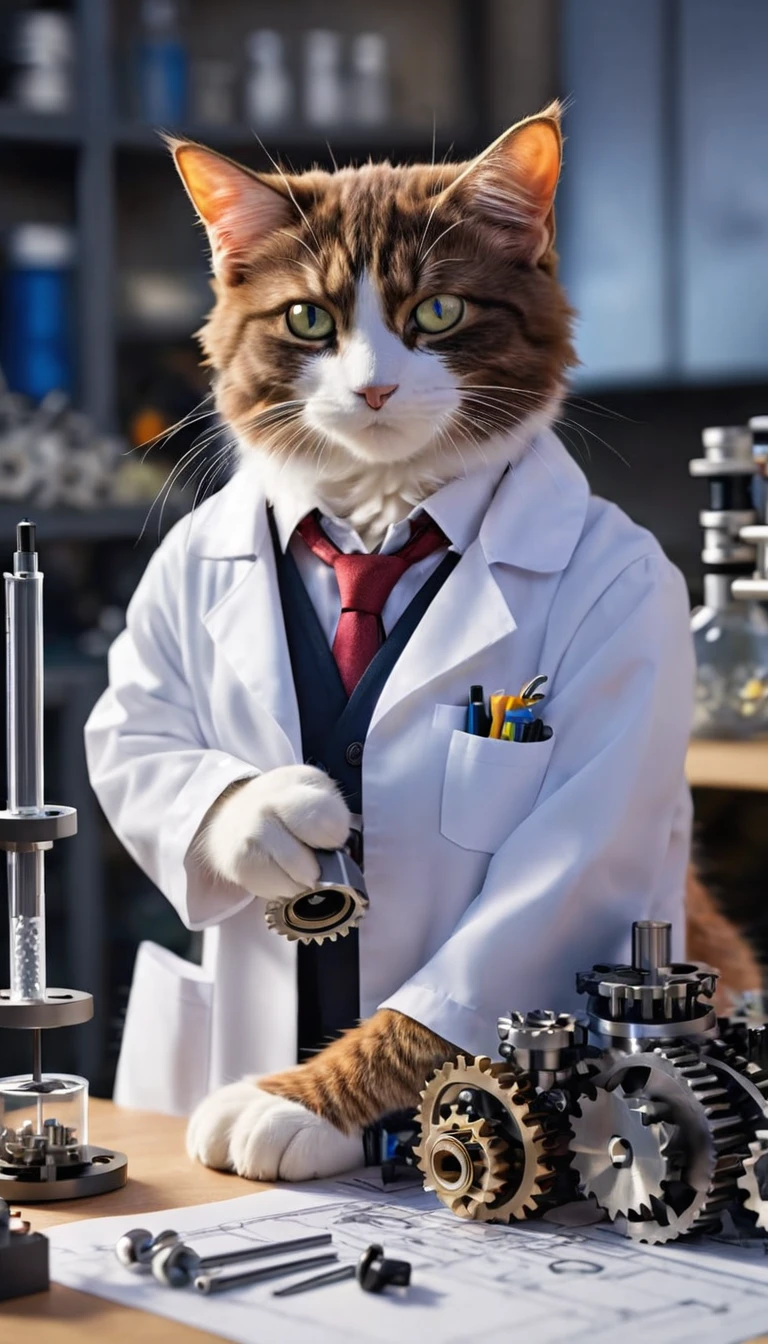 A cat inventor in a lab coat, working on a quirky contraption with gears and gadgets, surrounded by blueprints and tiny tools
