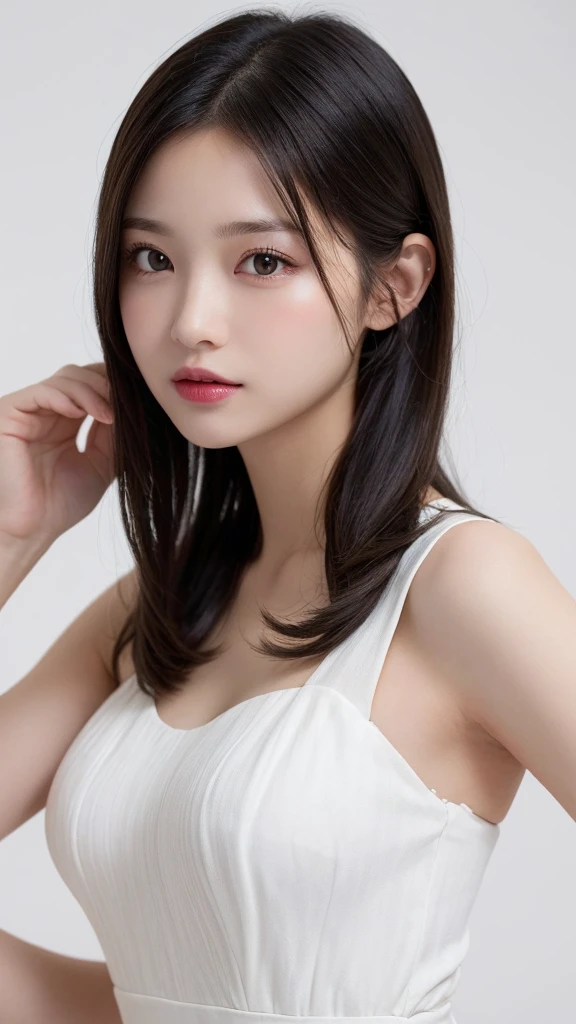 score_9, score_8_up, score_7_up,
,photo, cute asian woman, 1girl, solo,
bangs hair,14yo,chinese,
Best Quality, Photorealistic, High resolution, 8K, Ultra-detailed, Detailed face, ,akb, idol, japanese girl,, faint smile, face, body, white tanktop, breasts,Expressiveh,