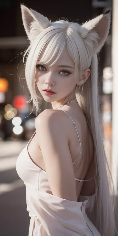The prompts for the first theme are as follows:
"(Best Quality, 8K, 32K, masterpiece:1.3), Ultra-detailed, (Photorealistic:1.4), white colors, albino, Punk Girl, high Detailed eyes, beautiful blue eyes, Upper body, Luxurious punk hair, Edgy punk fashion, Avant-garde makeup, piercing, Street background, Backlight effect, Shallow depth of field, Blurry background, (fox ears)"