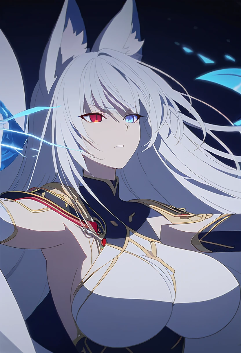 a beautiful blue and black kitsune, big breasts, long White hair, slim waist, detailed portrait, intricate details, dramatic lighting, mystical, elegant, sensual, long white tail, heterochromia (one blue eye, one red eye), holding a bow, attacking pose, Alpha crimson wave, His eyes would shine brightly and his body would be surrounded by blue energy.