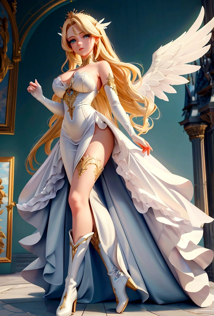 Arafed, a picture of a female angel in high society prom event, divine beautiful female angel, blond hair, long hair, flowing hair, the hair glows in a soft light, cerulean eyes, deep light eyes, divine beautiful face, folded white feather wings, she wears a red evening dress, elegant, intricate detailed dress, silk dress, she wears elegant high heeled boots, exquisite high heeled boots, she stands on the porch of a fantasy castle, dynamic angle, soft torch light, (Masterpiece: 1.5), 16k, highres, best quality, high details, ultra detailed, masterpiece, best quality, (extremely detailed), AngelStyle, GlowingRunesAI_paleblue, Angels Elemental, bj_Devil_angel